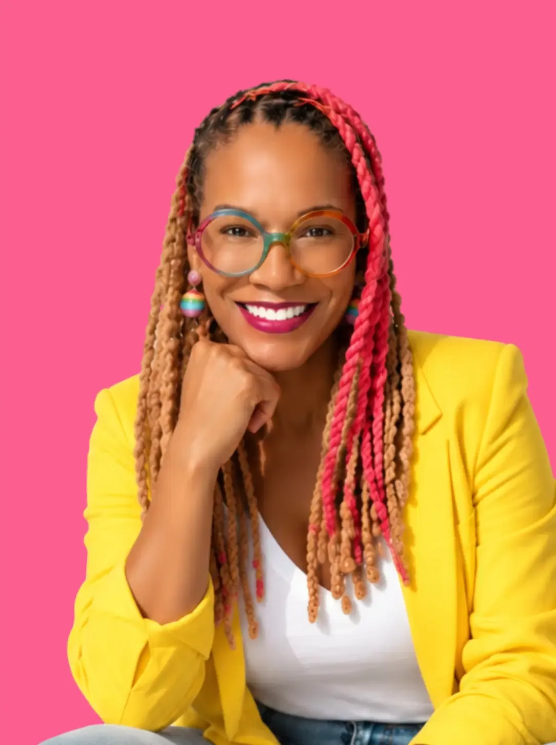 Angela Briggs-Paige smiling in a yellow jacket and colorful glasses